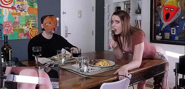  Brutal spanking machine paddles hot PAWGs ass during dinner while sadistic man feasts (Jessica Kay)